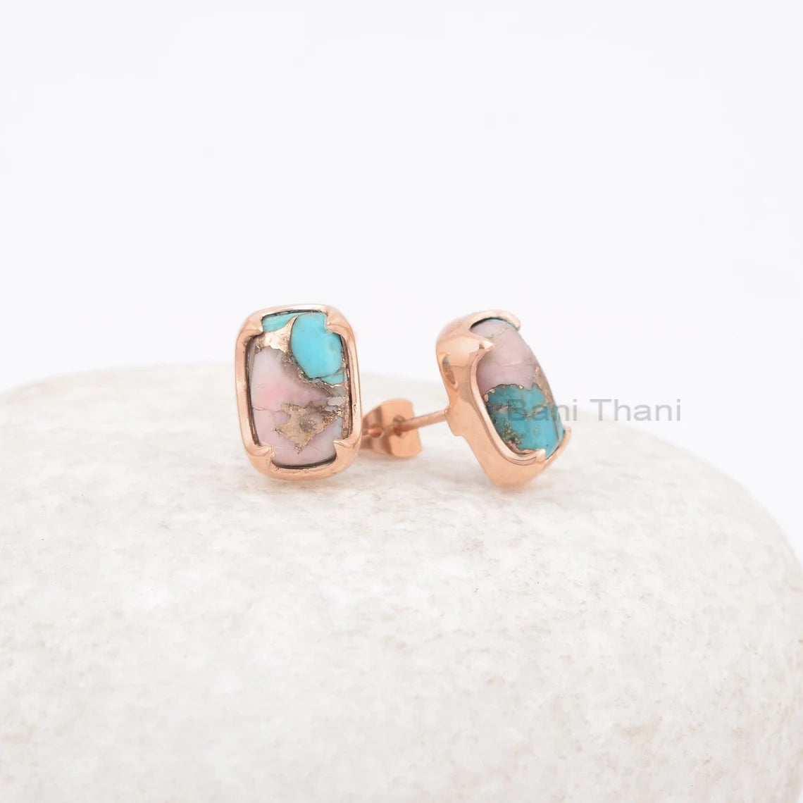 Pink Opal Earring - Gemstone Stud Earrings - Copper Turquoise Earring - 925 Solid Silver - Rose Gold - Womens Gift Earring - 7x11mm Cushion