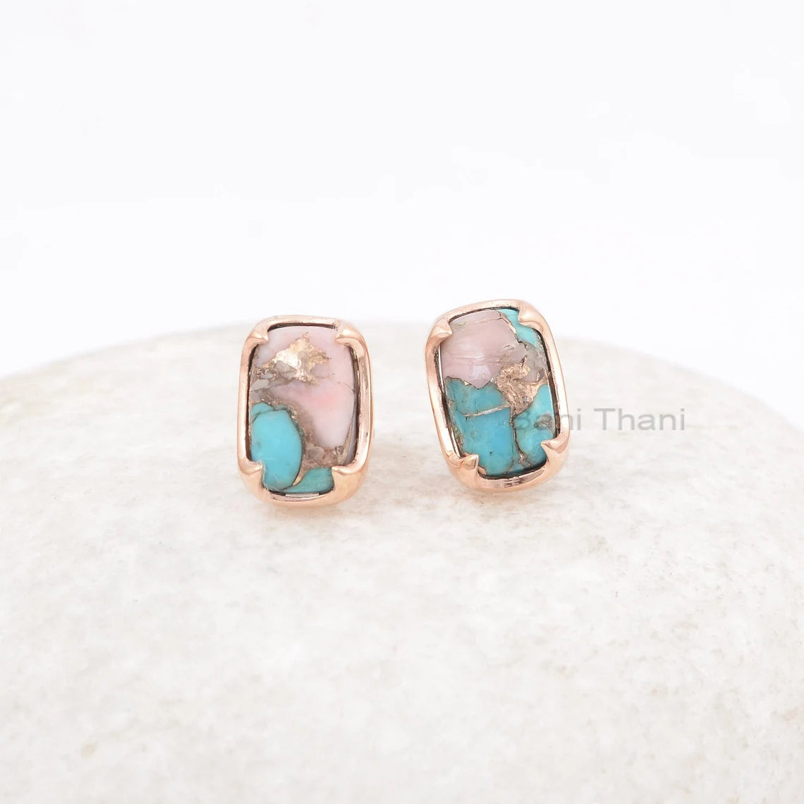 Pink Opal Earring - Gemstone Stud Earrings - Copper Turquoise Earring - 925 Solid Silver - Rose Gold - Womens Gift Earring - 7x11mm Cushion