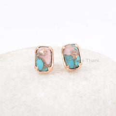 Pink Opal Earring - Gemstone Stud Earrings - Copper Turquoise Earring - 925 Solid Silver - Rose Gold - Womens Gift Earring - 7x11mm Cushion