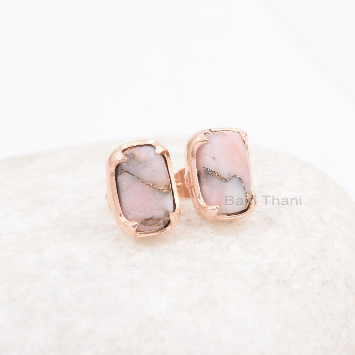 Handmade Pink Opal Stud Earrings, Pink Opal Copper 7x11mm Cushion Gemstone Earring, 925 Silver Rose Gold Plated Earring,Thanksgiving Jewelry