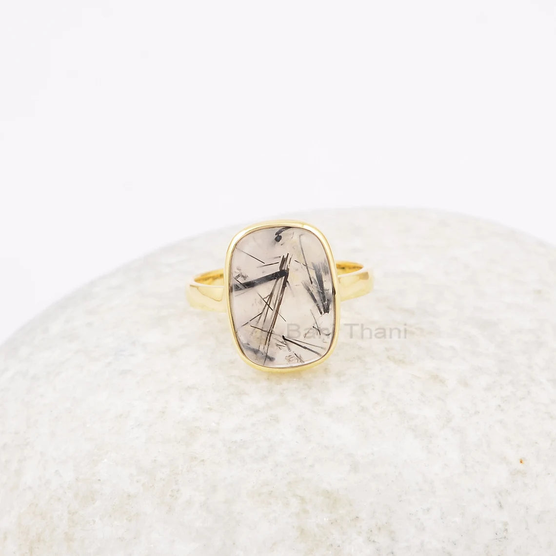 Genuine Black Rutile Cushion 10x14mm Gemstone Ring, 925 Silver Bezel Ring, 18k Gold Plated Ring, Engagement Gift Ring, Bridesmaid Gift Ring