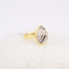 10x14 Black Rutilated Quartz Pear shape Ring, 925 Sterling Silver Bezel Ring, Rose Gold Jewelry Gift Jewelry women jewelry Gift