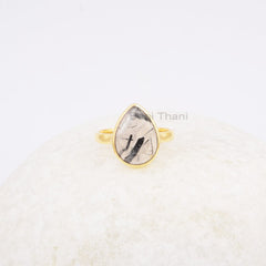 10x14 Black Rutilated Quartz Pear shape Ring, 925 Sterling Silver Bezel Ring, Rose Gold Jewelry Gift Jewelry women jewelry Gift