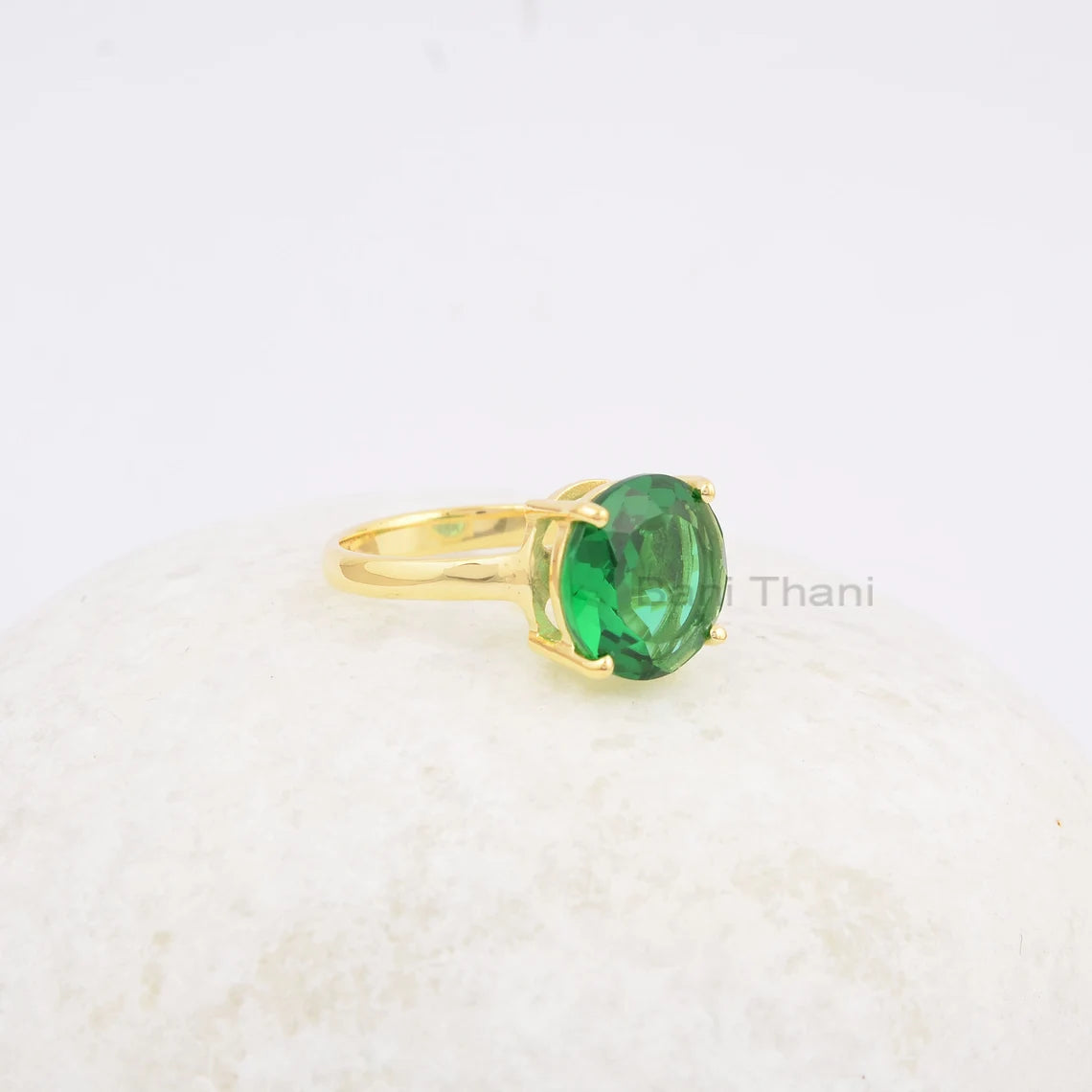 Emerald Quartz Ring - 12mm Round - 925 Sterling Silver - Gold Plated Ring - Man Made Jewelry - Gift For Young Lady - Jewelry For Inspiration