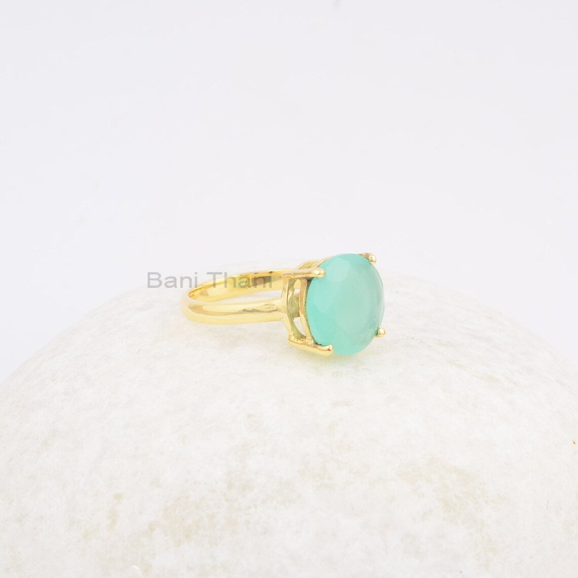 Aqua Chalcedony Ring - 925 Silver - Prong Set Handmade Ring - 12mm Gold Plated Jewelry- Dainty Jewelry - Gift for Grandma - Jewelry for Prom