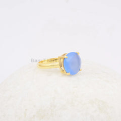 12mm Round Georgeous Blue Chalcedony Gemstone Ring, Gold Plated 925 Sterling Silver Ring, Engagement Ring, Chalcedony Ring, Birthstone Ring