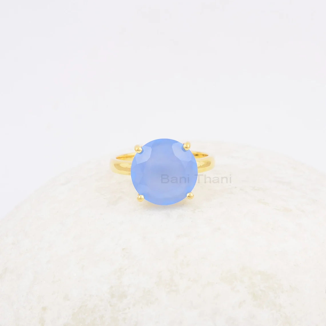 12mm Round Georgeous Blue Chalcedony Gemstone Ring, Gold Plated 925 Sterling Silver Ring, Engagement Ring, Chalcedony Ring, Birthstone Ring