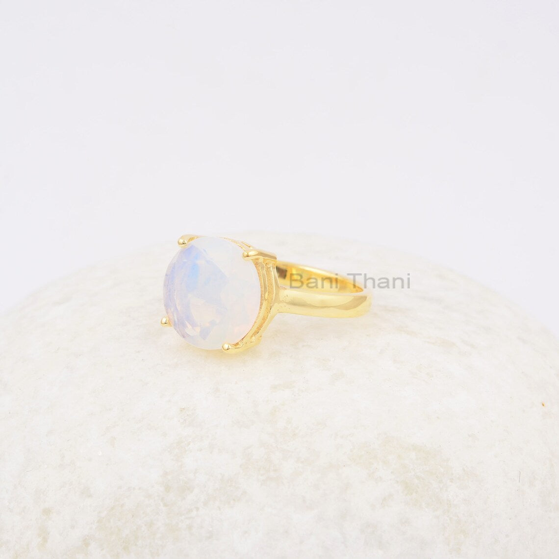 925 Sterling Silver Gold Plated Ring, 12mm Round Opalite Gmestone Ring, Anniversary Gift Ring, Opalite Ring, Prong Set Ring, Handmade Ring