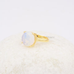 925 Sterling Silver Gold Plated Ring, 12mm Round Opalite Gmestone Ring, Anniversary Gift Ring, Opalite Ring, Prong Set Ring, Handmade Ring