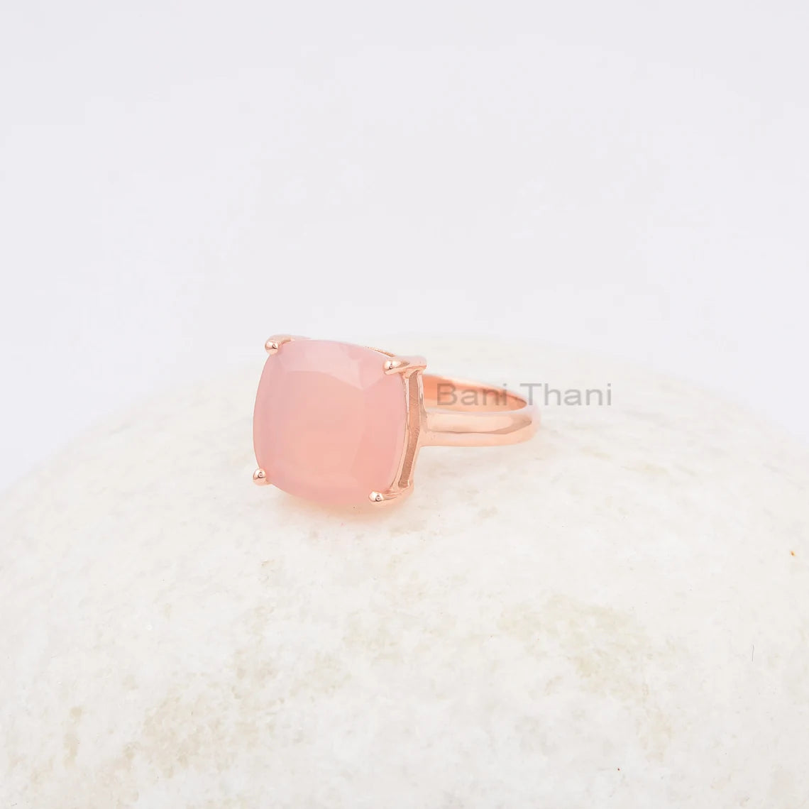 Wedding Gift Ring - Pink Chalcedony Gemstone Ring - 12mm Cushion - Rose Gold Ring - 925 Silver - Womens Ring - Gift for Her - Anxiety Ring
