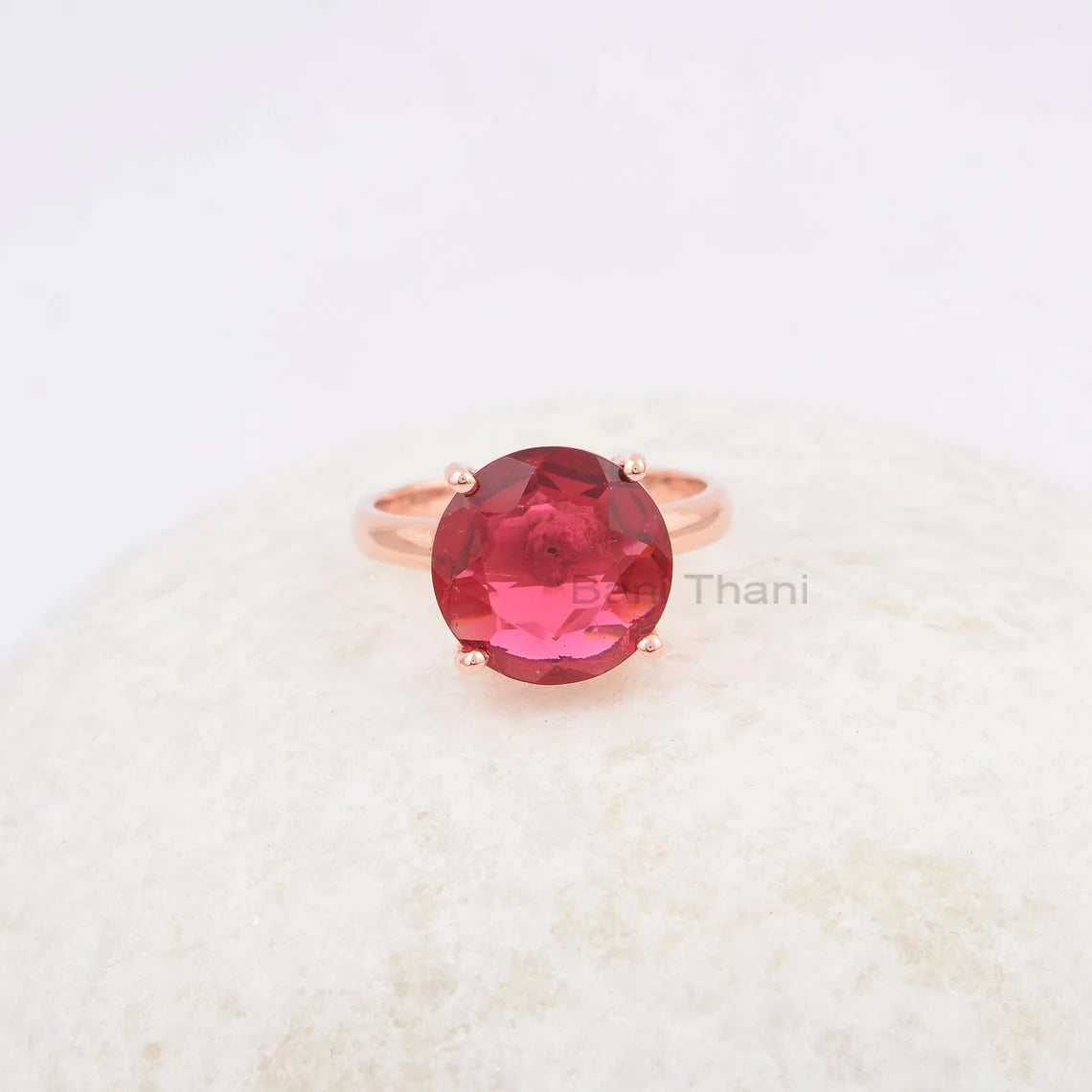 Pink Tourmaline Quartz Gemstone Ring, Rose Gold Plated Ring, 12mm Gemstone Ring, 925 Sterling Silver Ring, Wedding Gift Ring, Handmade Ring