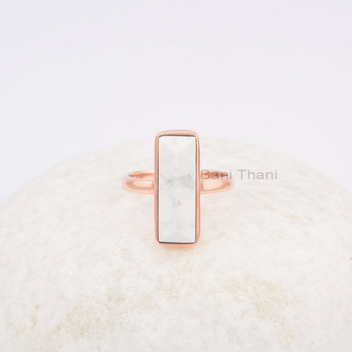 Howlite Pyramid 6x18mm Rectangle Shape Gemstone Ring, Rose Gold Plated 925 Sterling Silver Ring, Dainty Ring, Birthday Gift Ring, Bezel Ring