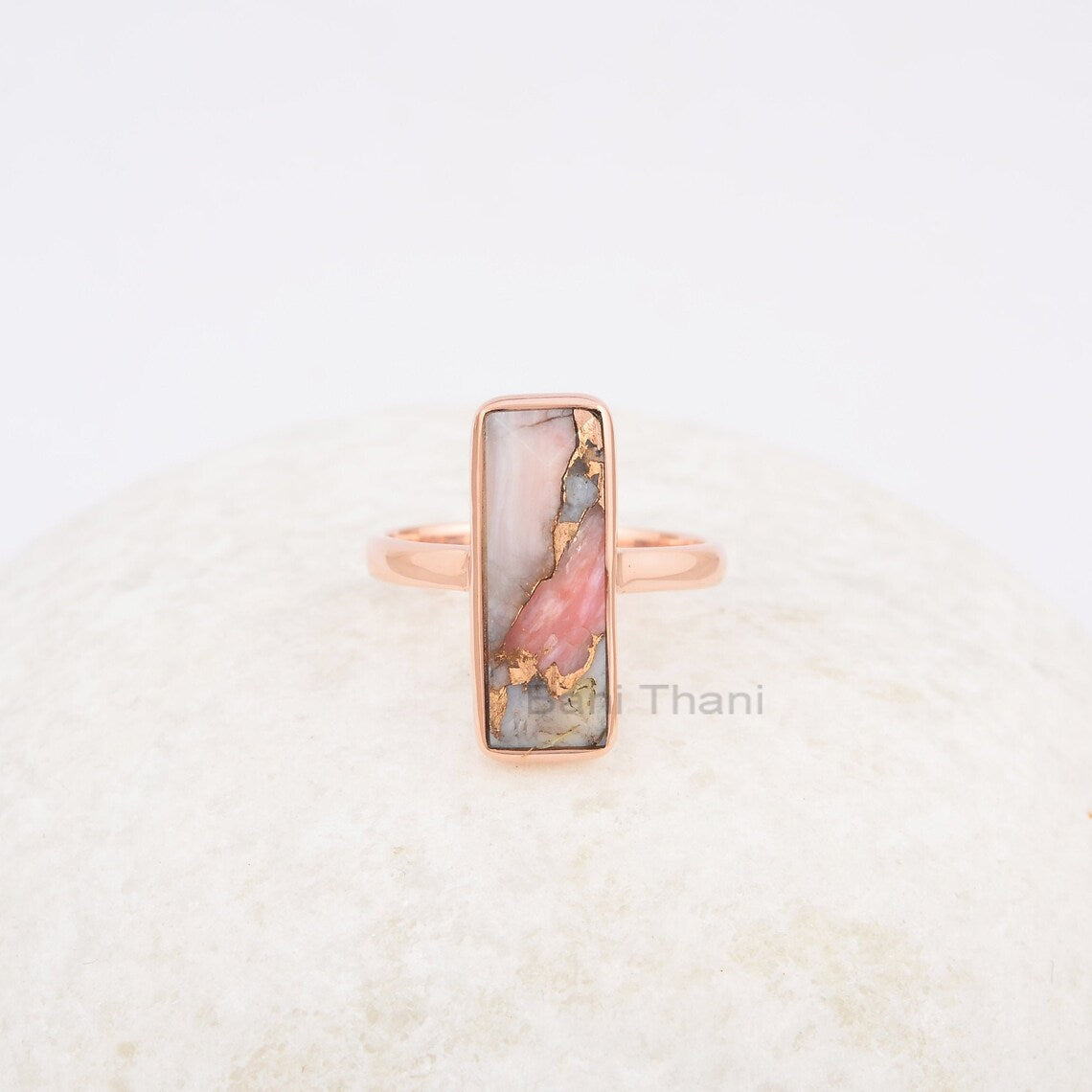 Pink Opal Copper Pyramid 6x18mm Rectangle Gemstone Ring, 925 Sterling Silver Ring, Rose Gold Plated Ring, Anxiety Ring, Antique Silver Ring