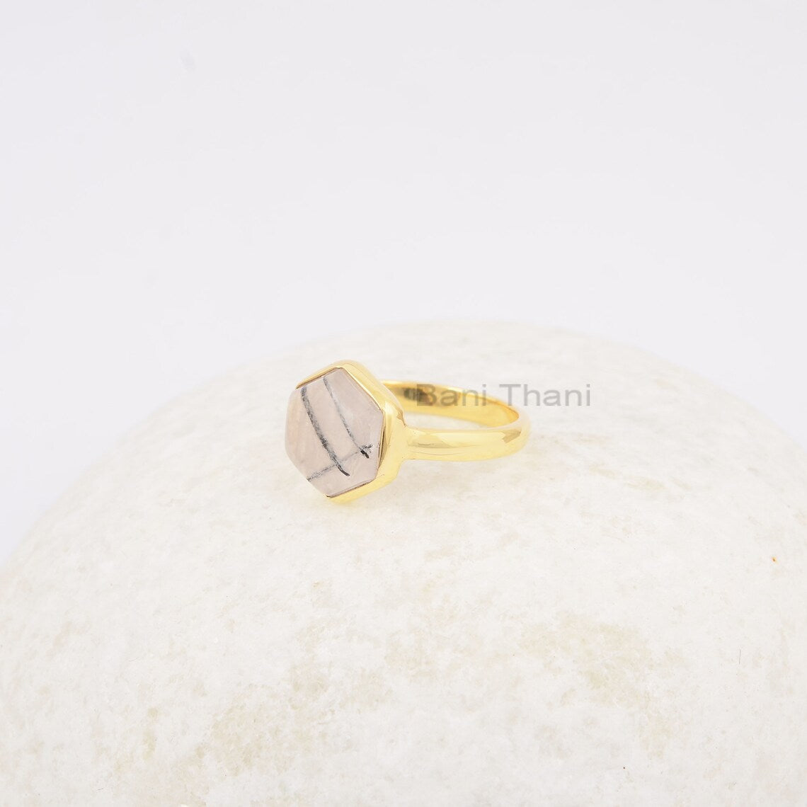 Black Rutile Ring - Handmade Ring - 925 Silver - 10mm Hexagon Stone - Gold Plated - Fashion Jewelry - Gift For Besties - Jewelry For Sister