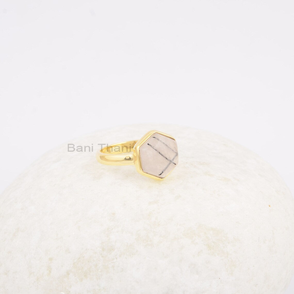 Black Rutile Ring - Handmade Ring - 925 Silver - 10mm Hexagon Stone - Gold Plated - Fashion Jewelry - Gift For Besties - Jewelry For Sister