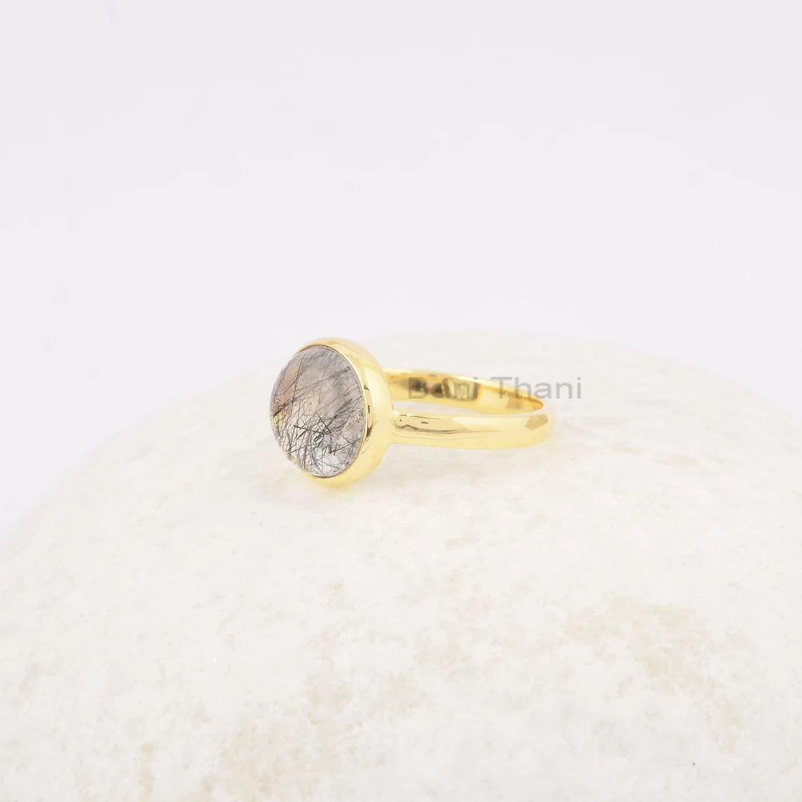 Black Rutile Ring - Solid Silver - Gold Plated Ring - 10mm Rutile Round Stone - Elegant Jewelry - Gift For Bride - Jewelry For New Beginning