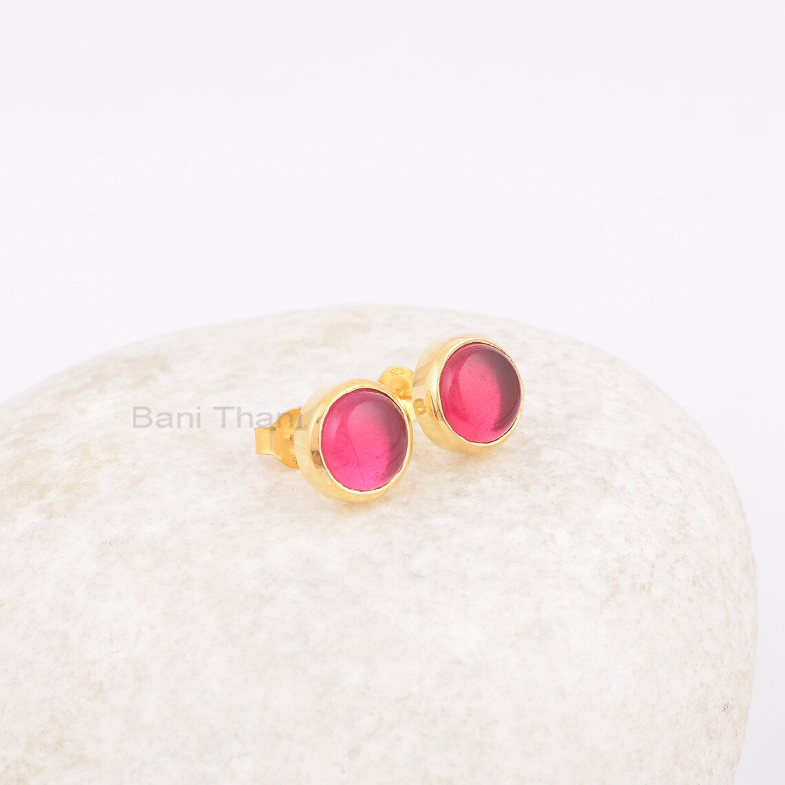 Small Pink Tourmaline Stud Earrings, 9mm Round Gemstone Stud Earrings, 925 Sterling Silver 18k Gold Plated Earring, Bridal Stud-Post Earring