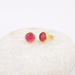 Small Pink Tourmaline Stud Earrings, 9mm Round Gemstone Stud Earrings, 925 Sterling Silver 18k Gold Plated Earring, Bridal Stud-Post Earring