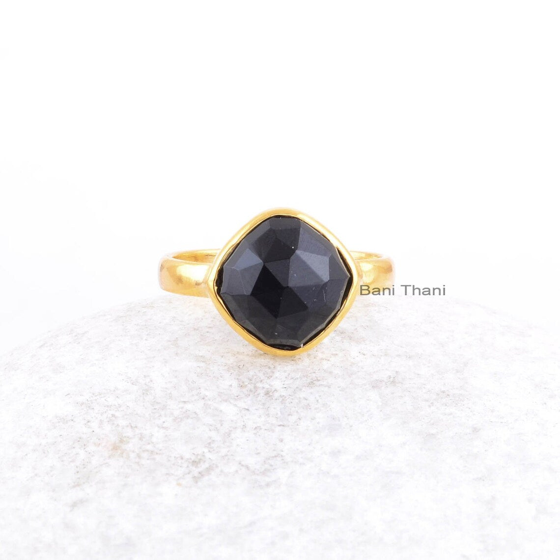 Black Onyx Cushion Gemstone Ring - Gold Plated Bezel Ring - 925 Sterling Silver Office Wear Ring - Wedding Gift Ring for Women - Boho Ring