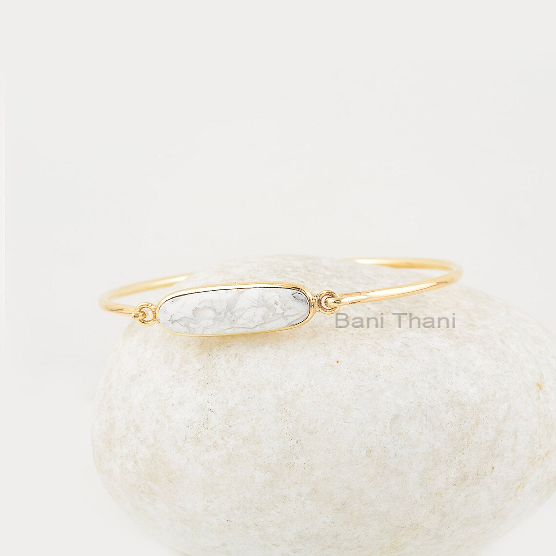 White Howlite Bracelet 7x25mm Oval Shape Silver Gemstone Bangle, Natural White Howlite Gemstone Gold Plated Bracelet, Gift For Valentine Day