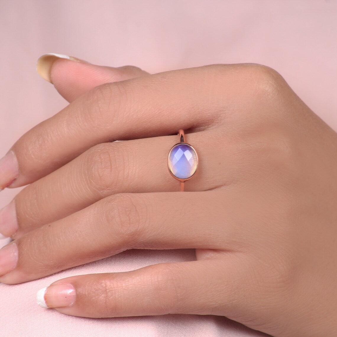 Engagement Ring - Opalite Quartz Gemstone Ring - 8x10mm Oval Ring - Rose Gold Plated Ring - 925 Solid Silver - Gift for Her - Womens Jewelry