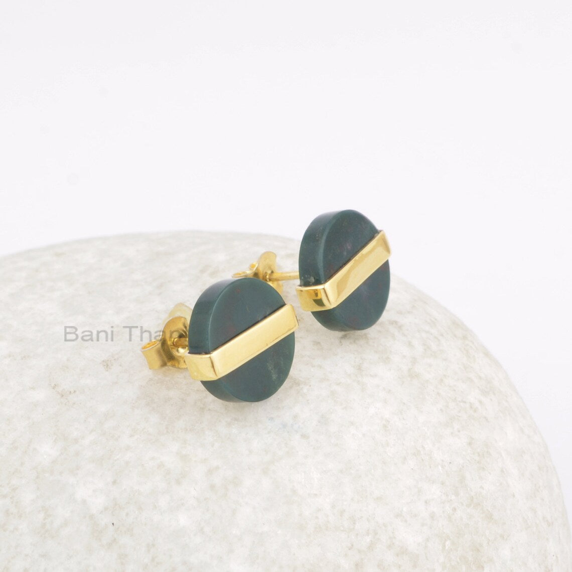 Flat Round Earring - Bloodstone Earring - Gemstone Stud Earrings - Gold Plated - 925 Silver Stud Earrings - Gift for Her - 12mm Stud Earring