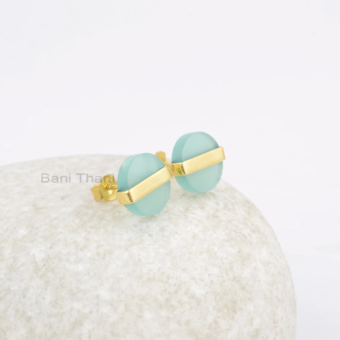 Aqua Chalcedony Earrings - Flat Round Stud Earrings - 925 Silver Earring - Gold Plated Earrings - Gift for Girls - Jewelry for Bridesmaid