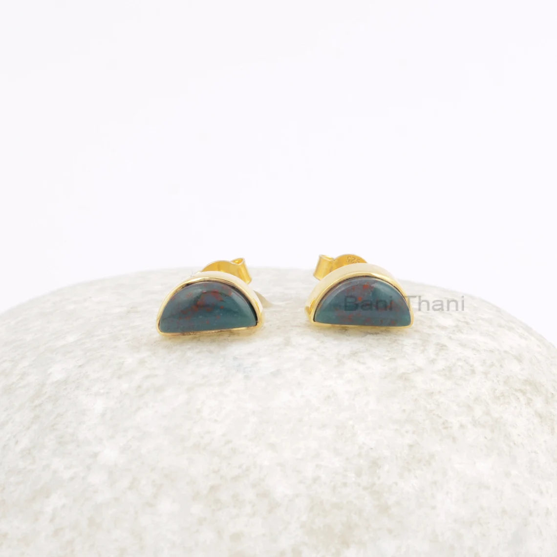 Halfmoon Bloodstone Gemstone Stud Earrings, 18k Gold Plated 925 Silver Stud Earrings, Womens Gift Jewelry, Unique Earring, Everyday Earring