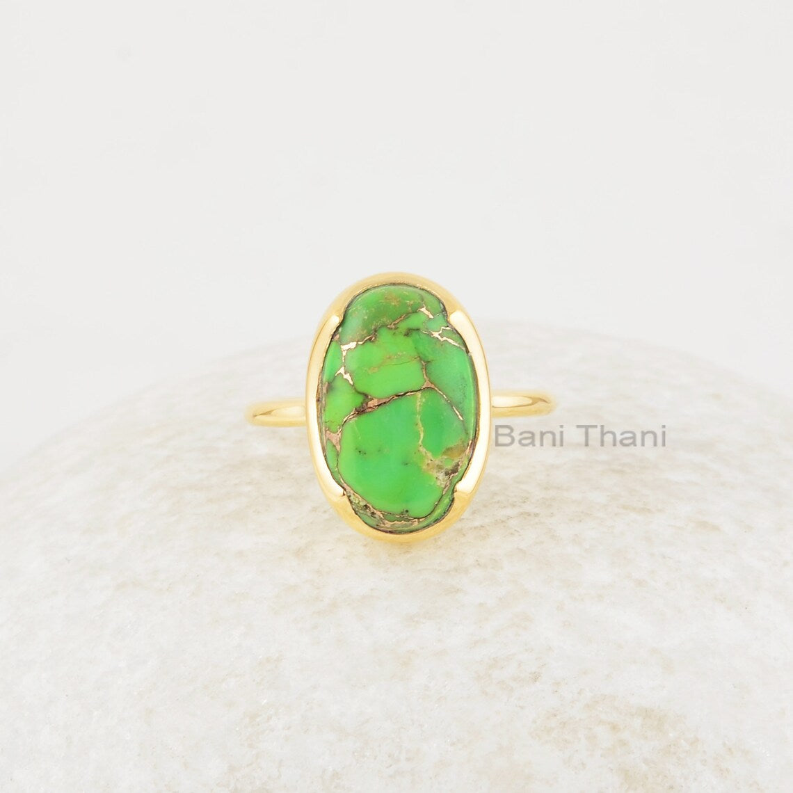 Turquoise Ring - Sterling Silver Ring - 10x16mm Oval Gemstone - Gold Plated Ring - Handmade Jewelry - Gift for Mom - Green Turquoise Ring