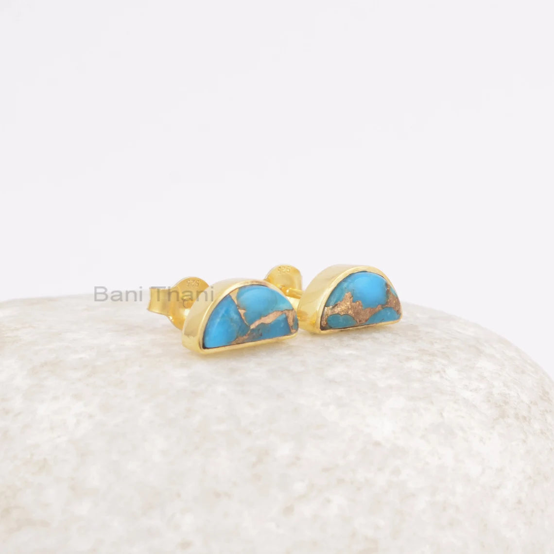 Copper Turquoise Stud, Turquoise Halfmoon Stud Earrings, 18k Gold Plated Stud Earring, 925 Silver Handmade Earring, Dainty Earring