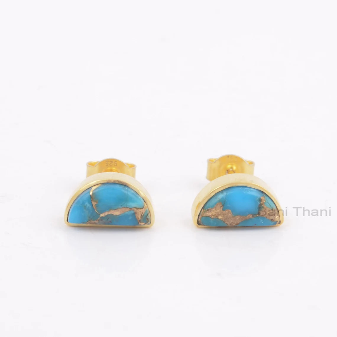 Copper Turquoise Stud, Turquoise Halfmoon Stud Earrings, 18k Gold Plated Stud Earring, 925 Silver Handmade Earring, Dainty Earring