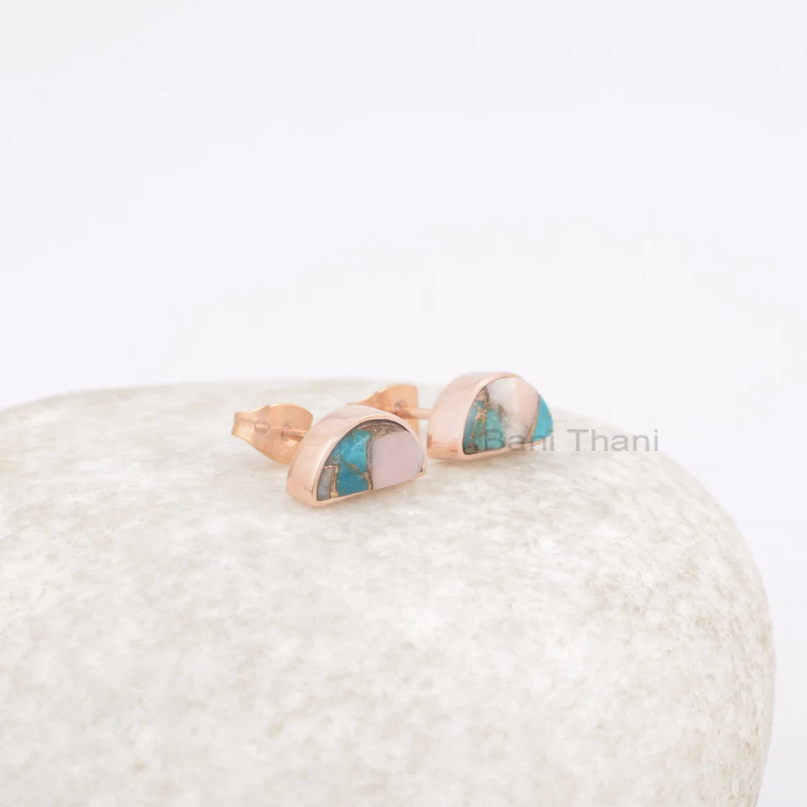 Pink Opal Copper Turquoise Halfmoon Gemstone Stud Earrings, 925 Silver Rose Gold Plated Earring, Antique Silver Earring, Womens Gift Earring