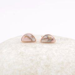 Pink Opal Copper 5x10mm Halfmoon Gemstone Stud Earrings, 925 Silver Bezel Earring, Rose Gold Plated Stud Earring, Bridal Gift Jewelry