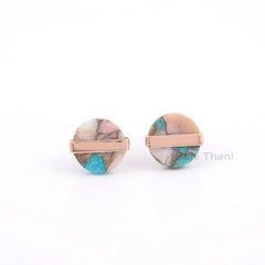 Everyday Wear Pink Opal Copper Turquoise Flat Round Gemstone Stud Earrings, 925 Silver Bezel Rose Gold Plated Stud Earrings,Delicate Earring