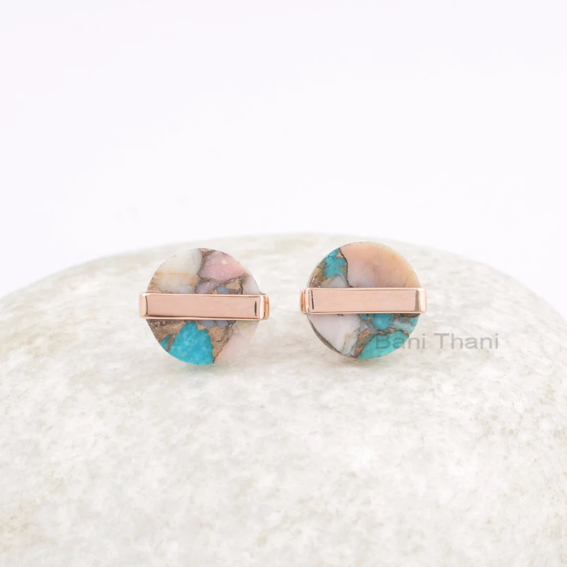 Everyday Wear Pink Opal Copper Turquoise Flat Round Gemstone Stud Earrings, 925 Silver Bezel Rose Gold Plated Stud Earrings,Delicate Earring