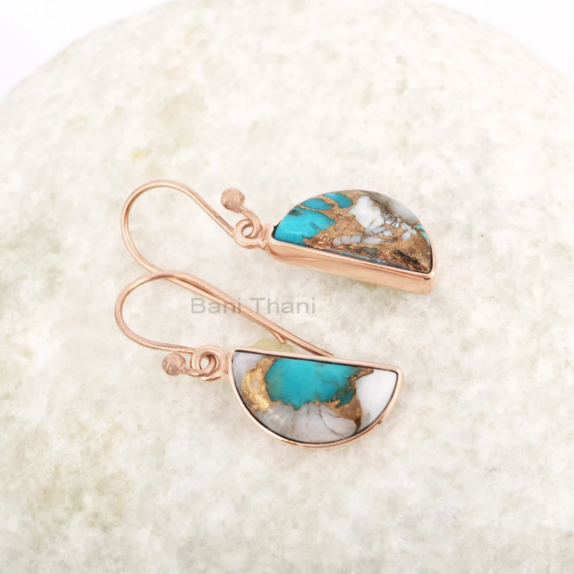 Beautiful Turquoise Gemstone Drop Earrings, Pink Opal Copper Turquoise Halfmoon Earring, Rose Gold Plated Earring, Moms Gift Silver Earrings