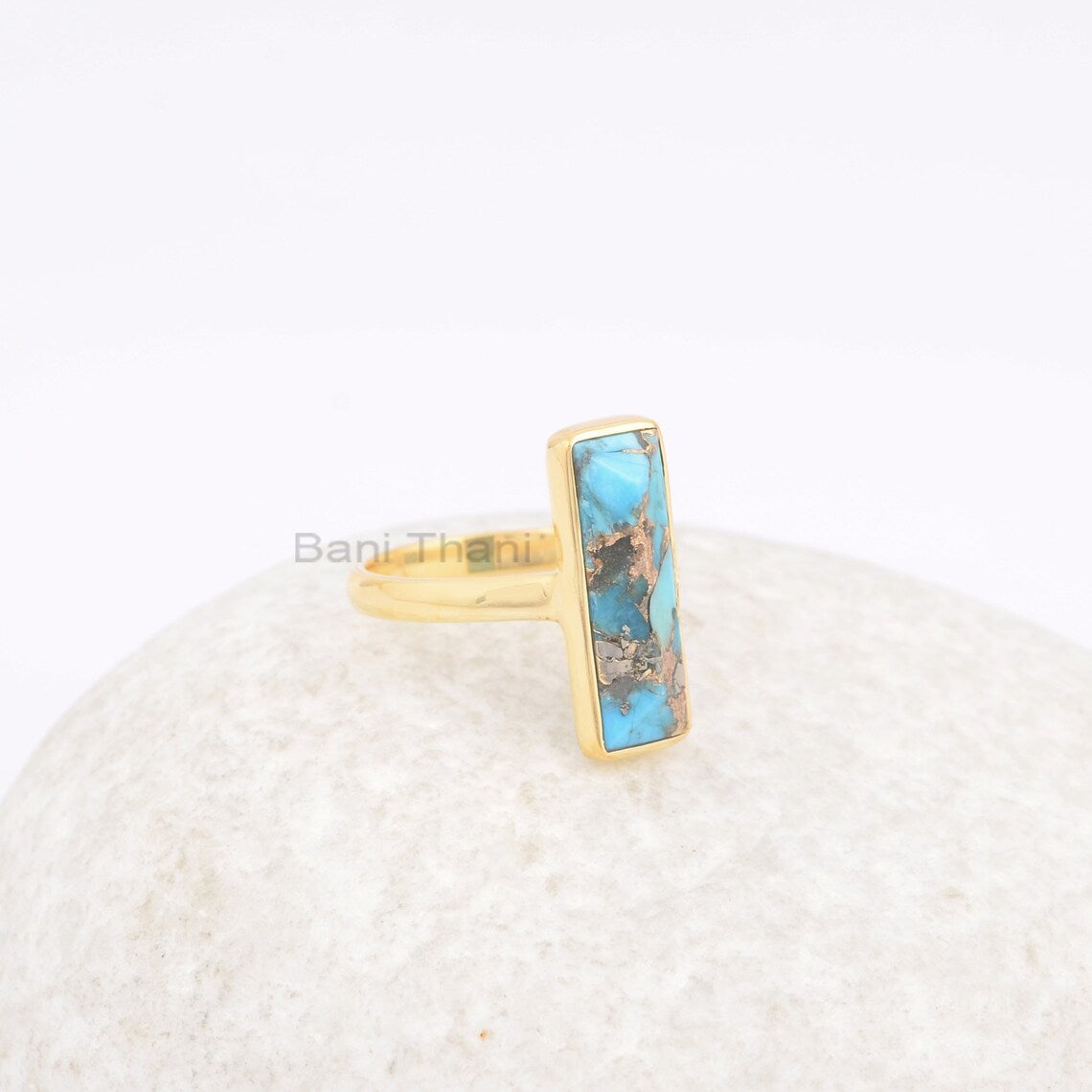 Blue Copper Turquoise Ring - 925 Silver Gold Plated Ring - 6x18mm Rectangle Gemstone Ring - Handmade Jewelry - Dainty Ring - Gift For Her