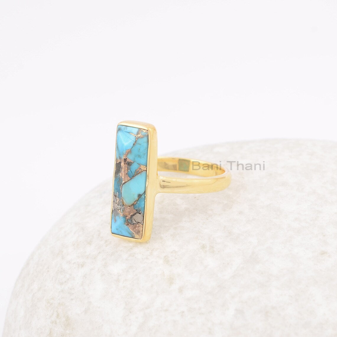 Blue Copper Turquoise Ring - 925 Silver Gold Plated Ring - 6x18mm Rectangle Gemstone Ring - Handmade Jewelry - Dainty Ring - Gift For Her