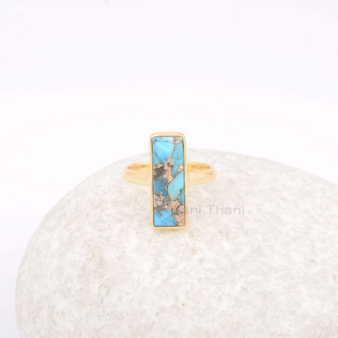 Blue Copper Turquoise Ring - 925 Silver Gold Plated Ring - 6x18mm Rectangle Gemstone Ring - Handmade Jewelry - Dainty Ring - Gift For Her
