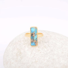 Blue Copper Turquoise Ring - 925 Silver Gold Plated Ring - 6x18mm Rectangle Gemstone Ring - Handmade Jewelry - Dainty Ring - Gift For Her