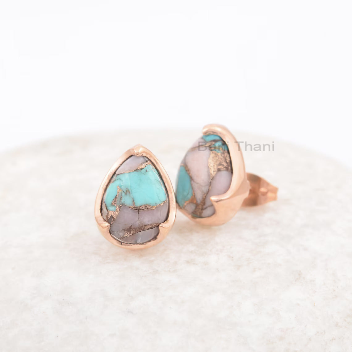 Cute Pink Opal Copper Turquoise Pear Gemstone Earrings, 925 Sterling Silver Rose Gold Plated Earring, Anniversary Gift Earring, Gift For Her