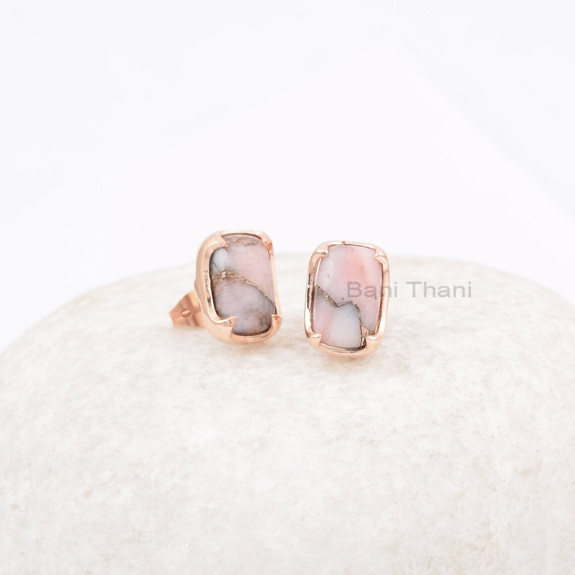 Handmade Pink Opal Stud Earrings, Pink Opal Copper 7x11mm Cushion Gemstone Earring, 925 Silver Rose Gold Plated Earring,Thanksgiving Jewelry