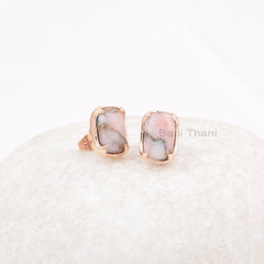 Handmade Pink Opal Stud Earrings, Pink Opal Copper 7x11mm Cushion Gemstone Earring, 925 Silver Rose Gold Plated Earring,Thanksgiving Jewelry