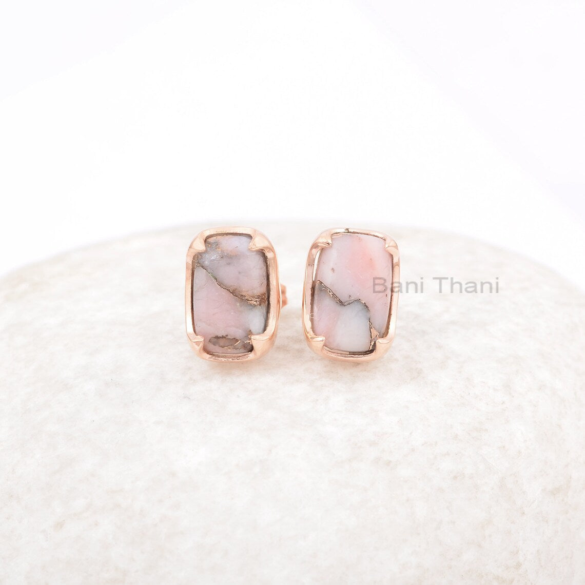 Handmade Pink Opal Stud Earrings, Pink Opal Copper 7x11mm Cushion Gemstone Earring, 925 Silver Rose Gold Plated Earring,Thanksgiving Jewelry