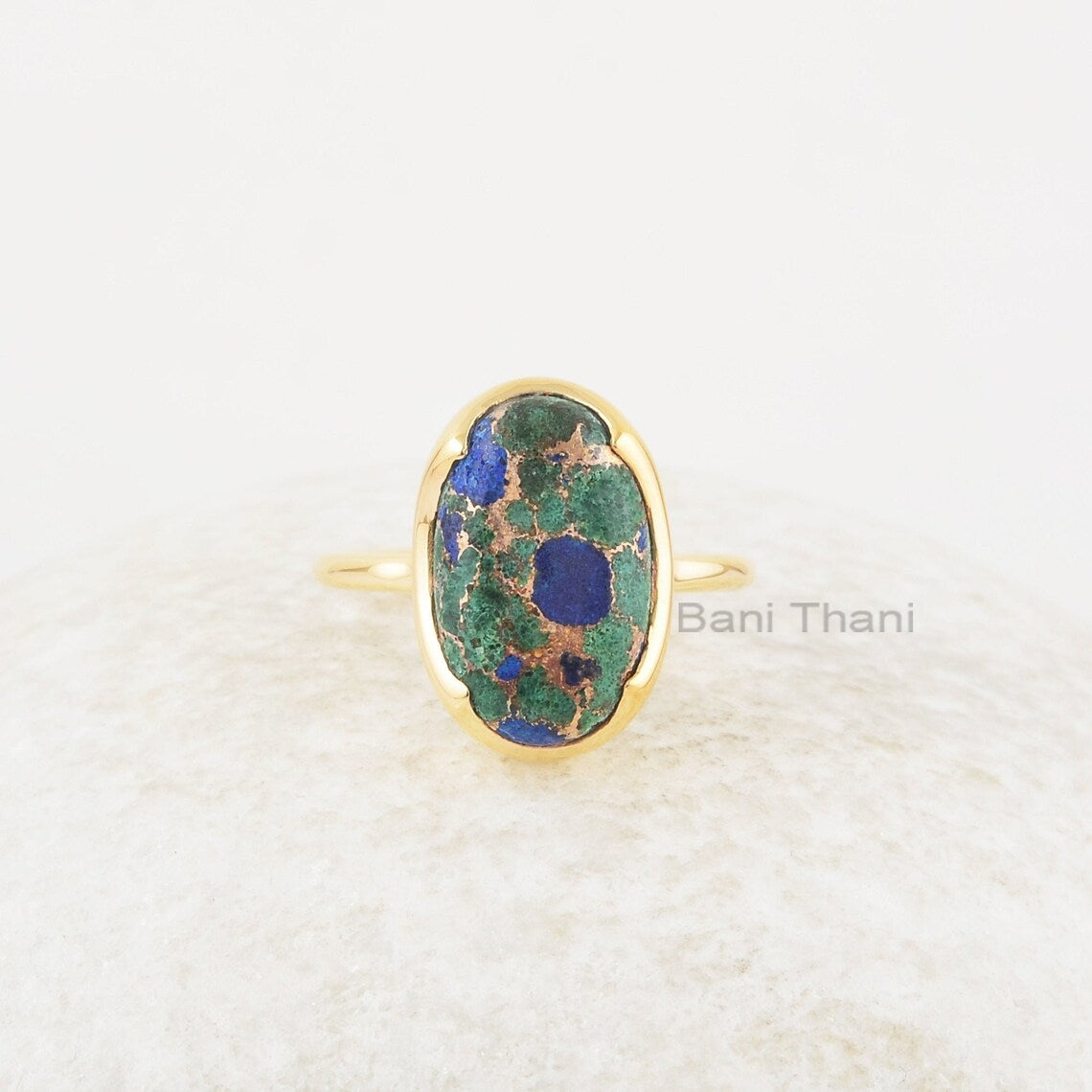 Azurite Copper Ring - Azurite Copper 10x16mm Oval Ring - Gemstone Ring - 925 Solid Silver - Gold Plated Ring - Bezel Ring - Gift For Mom