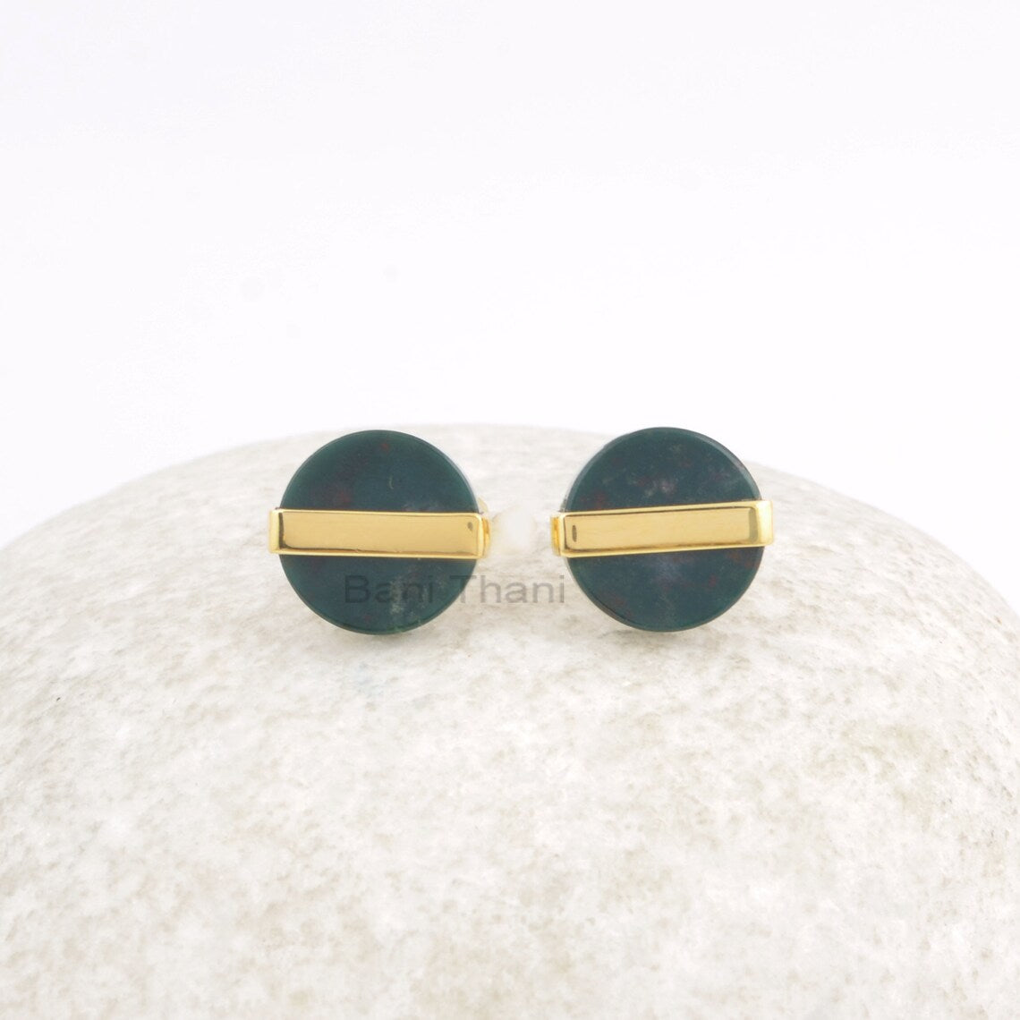 Flat Round Earring - Bloodstone Earring - Gemstone Stud Earrings - Gold Plated - 925 Silver Stud Earrings - Gift for Her - 12mm Stud Earring