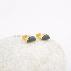 Halfmoon Bloodstone Gemstone Stud Earrings, 18k Gold Plated 925 Silver Stud Earrings, Womens Gift Jewelry, Unique Earring, Everyday Earring