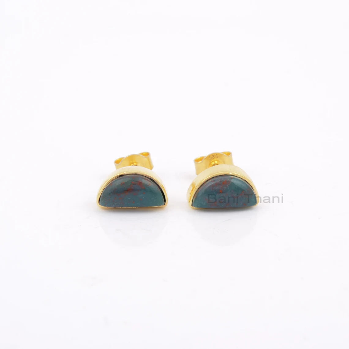 Halfmoon Bloodstone Gemstone Stud Earrings, 18k Gold Plated 925 Silver Stud Earrings, Womens Gift Jewelry, Unique Earring, Everyday Earring