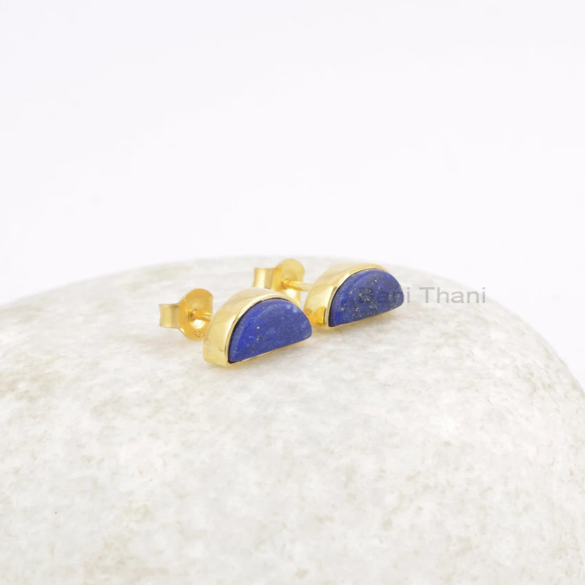 Cute Lapis Gemstone Stud Earrings, Lapis Lazuli Halfmoon Stud Earrings, 925 Sterling Silver Earring, Engagement Gift Earring, Gift For Her