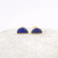 Cute Lapis Gemstone Stud Earrings, Lapis Lazuli Halfmoon Stud Earrings, 925 Sterling Silver Earring, Engagement Gift Earring, Gift For Her